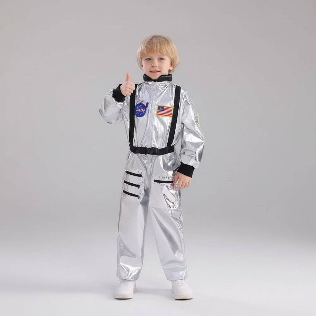 Kids space suit costume jumpsuit in vibrant orange, featuring adjustable sizes for a perfect fit, ideal for Halloween and themed parties. 0